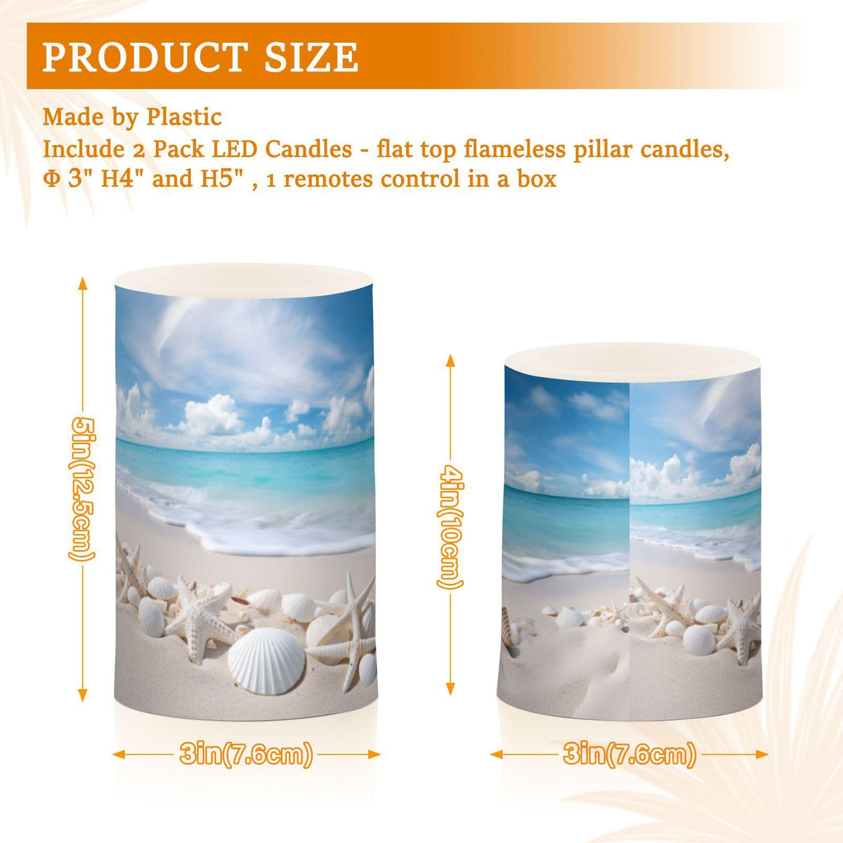 BOENLE Flickering Flameless Candles, Starfishes Seashells Beach Blue Sky LED Candles with Remote Timer, Set of 2 Battery Operated Candle for Valentine Wedding Birthday