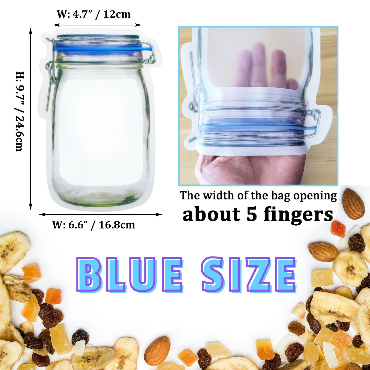 laffeya 20Pack 1000ml (9.7 * 6.6 * 4.7inch) Reusable Mason Jar Bags for Candy & Snacks - Leakproof Storage & Display