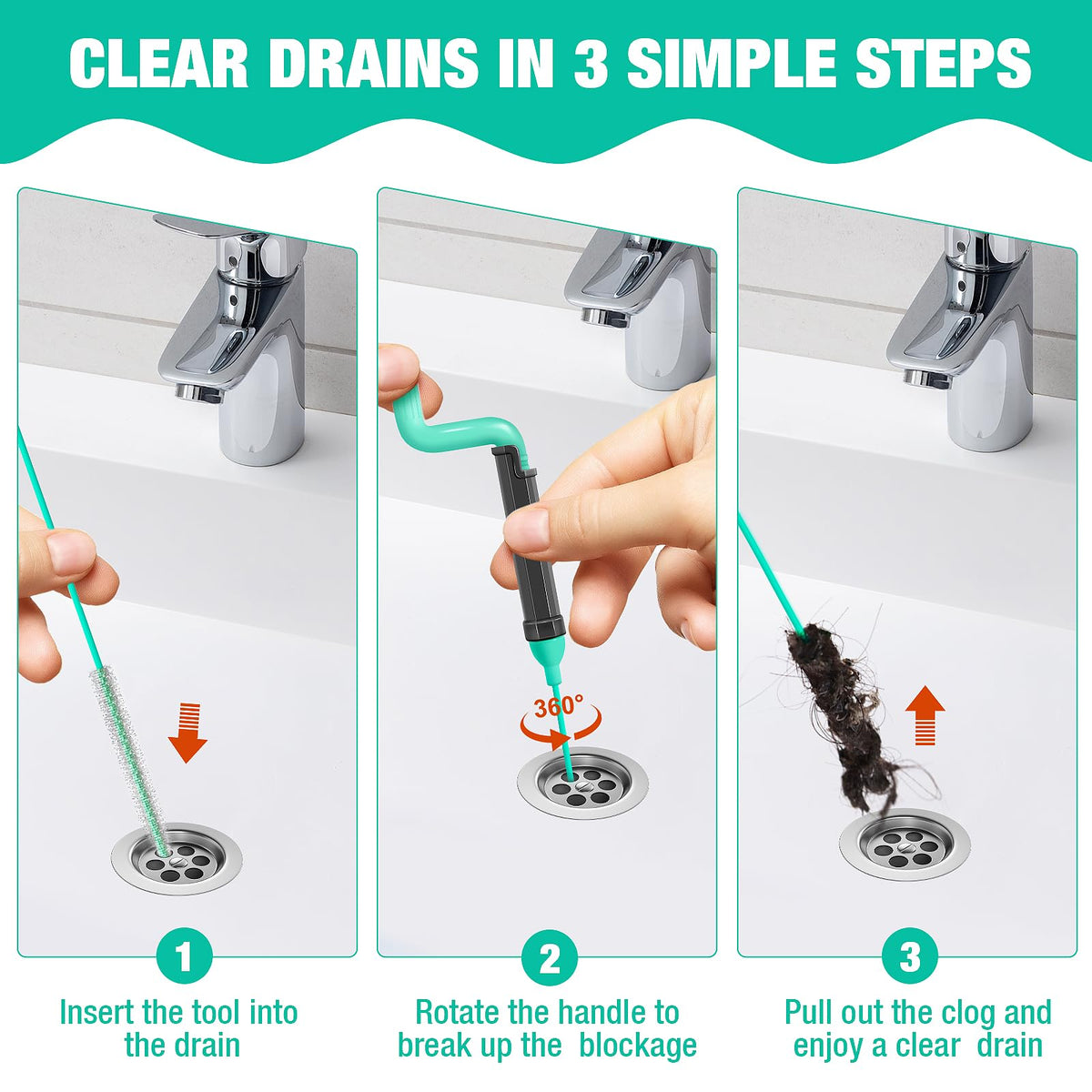 55inch Steel Core Drain Clog Remover Tool With Rotating Handle, Slim Snake Drain Hair Removal Tool For Narrow Pipes, Sinks, Showers, Toilets, Clears Hair, Blockages With Sink Drain Cleaner (5pcs)