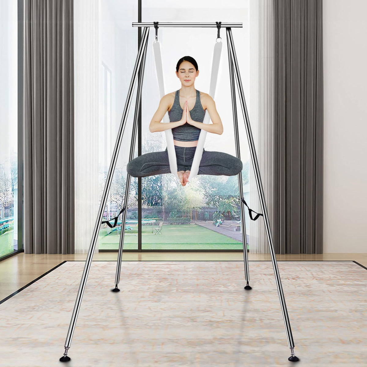 VEVOR Aerial Yoga Frame & Hammock Set, 9.67ft Yoga Swing Frame with 6.6-Yard Nylon Hammock, Heavy-Duty Premium Stand, 551.15 lbs Max Capacity Rig, for Indoor & Outdoor Aerial Fitness Training (White)