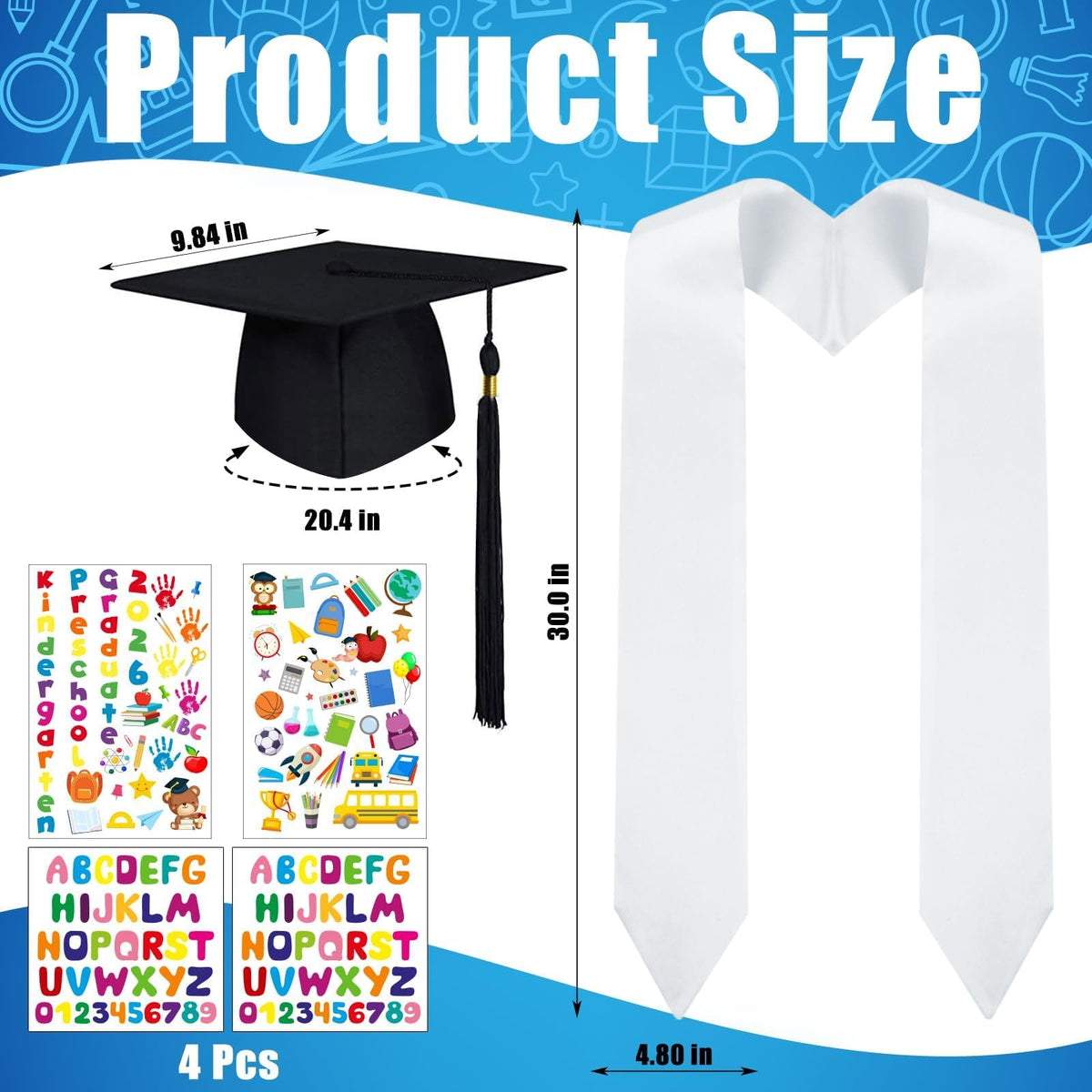 6 Pcs 2026 Preschool Kindergarten Graduation Cap Stole Iron on Letter Set Unisex Cap and Graduation Sash Sublimation Blank Stole Graduation Gifts for Kids Iron on Letters for DIY Craft