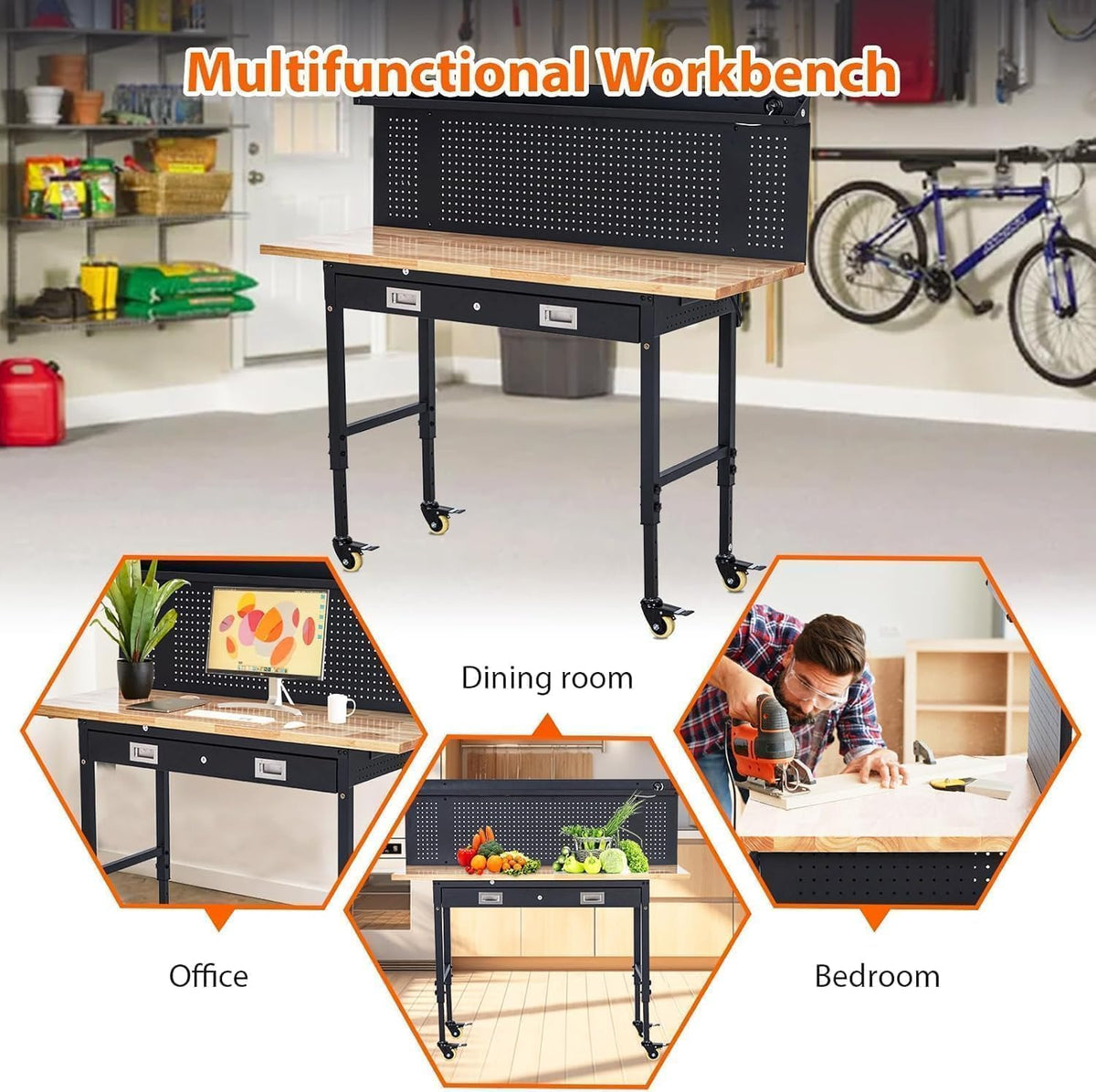 Adjustable Workbench for Garage, 48" Heavy Duty Rolling Work Bench with Power Outlet & Storage Drawer, 2000 LBS Capacity Solid Wood Top Shop Table for Workshop Home Office