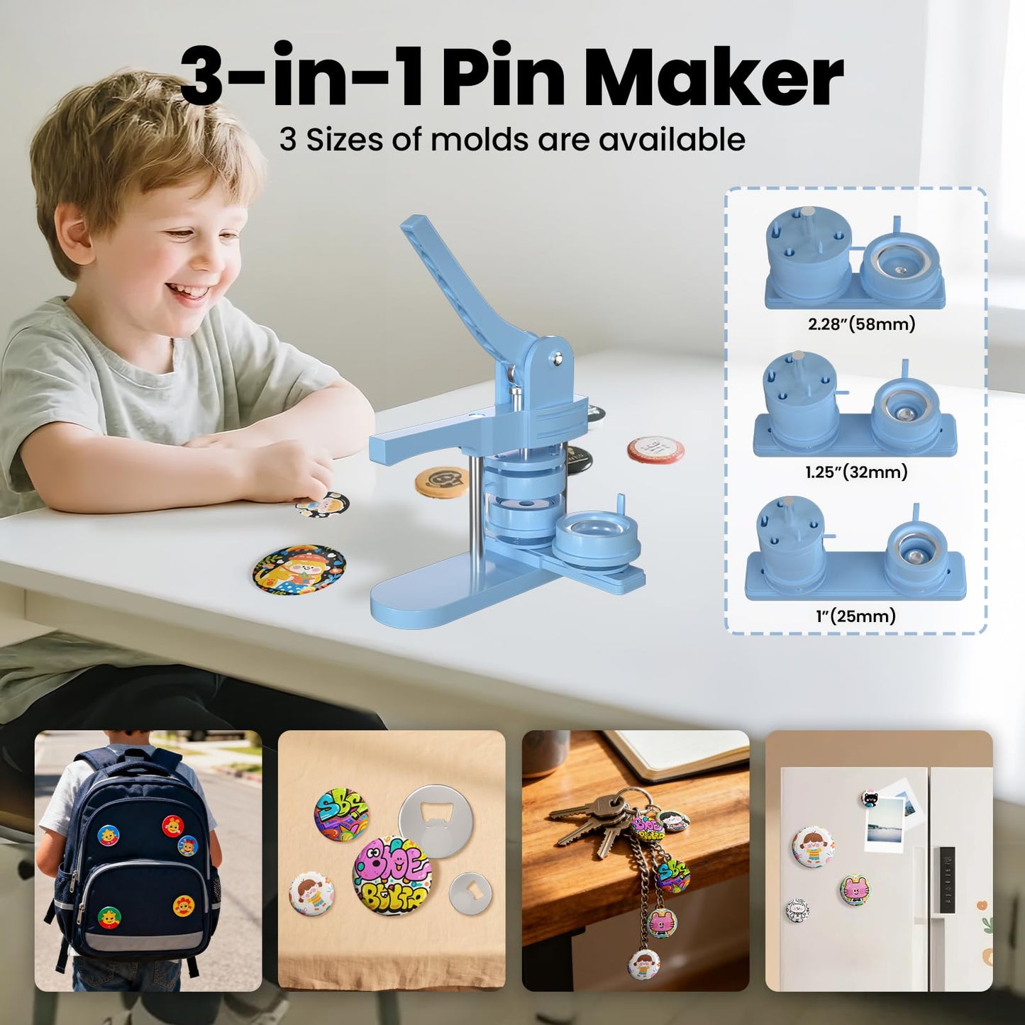 1+1.25+2.25 inch Multiple Sizes Button Maker Machine, 300 Buttons, 30 Fridge Magnets, 10 Bottle Openers, 10 Keyrings, 3 Circle Cutters, Button Badge Press Machine (Lightblue, 353 Pcs)