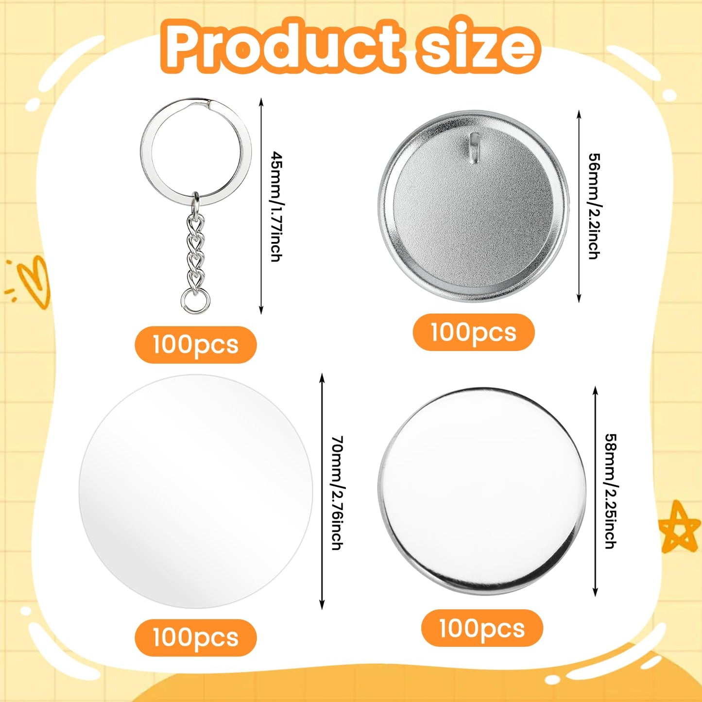 100 Pcs 58mm/2.25 Inch Button Maker Keychain Supplies, Round Metal Keychain Making Set for Button Maker Machine, Blank Button Badges Including Metal Shell Cover, Plastic Film, Chain and Ring for DIY