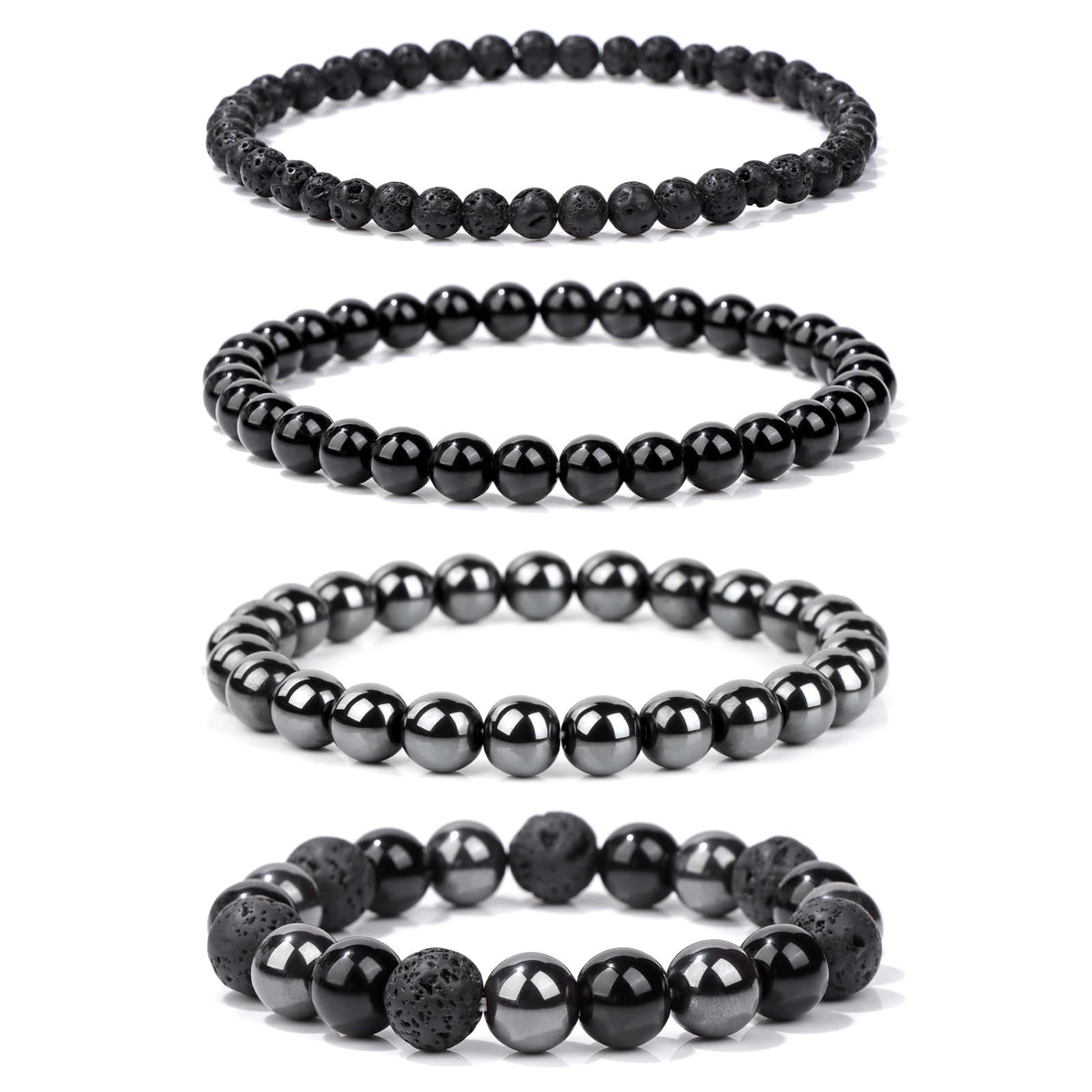 Vinswet 4pcs Natural Stone Beaded Bracelets for Women Men,Healing Crystal Gemstones Stretch Bracelet,4mm 6mm 8mm 10mm Hematite Hematite Lava Rock Anxiety Stress Relief Bracelet Jewelry Gifts