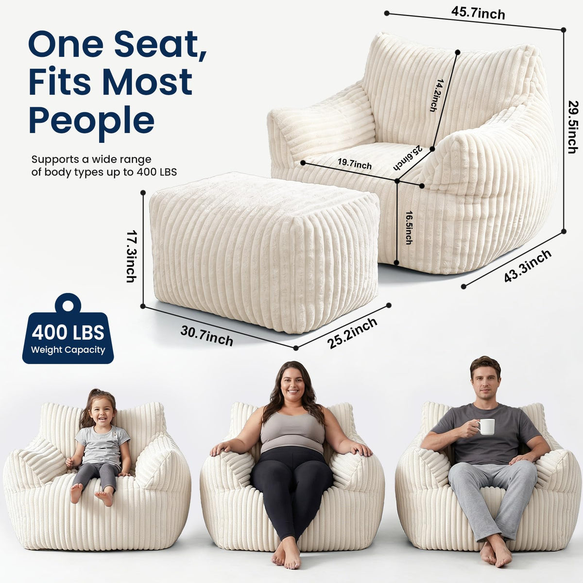 Giant Bean Bag Chair with Footstool for Adults, Fluffy Boneless Lounge Sofa Chair, Superior Large Reading Floor Sofa Bed, Oversized Accent Comfy Couch for Living Room, Bedroom (Beige, with Ottoman)