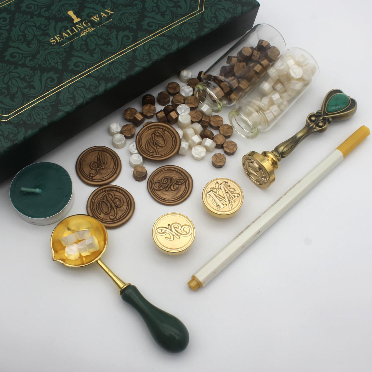 Letter Wax Seal Stamp Kit, Andotopee Wax Seal Kit Initial Alphabet M Sealing Wax Stamp Head 3pcs, Vintage Wax Stamp Seal Kit with Wax Seal Beads, Wax Seal Warmer Tools, Wax Seal Pen, Gift Box Set