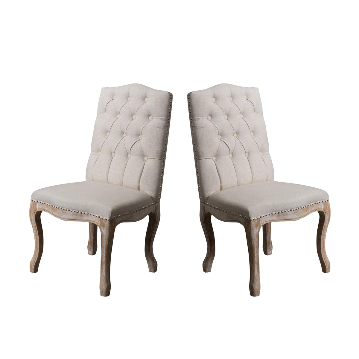 Christopher Knight Home Jolie Tufted Fabric Weathered Hardwood Dining Chairs, 2-Pcs Set, Beige