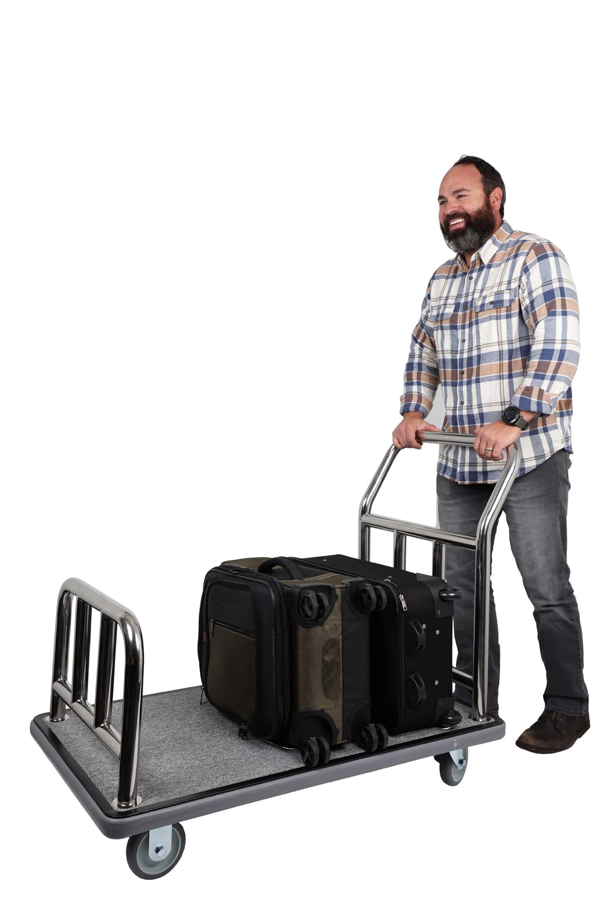 Wholesale Hotel Products Stainless Steel Utility Cart – 750lb Capacity – Dolly Cart w/ 5” Wheels & Grey Carpet, for Hotel, Resorts, Condos, Commercial Use (Value Valet Series)