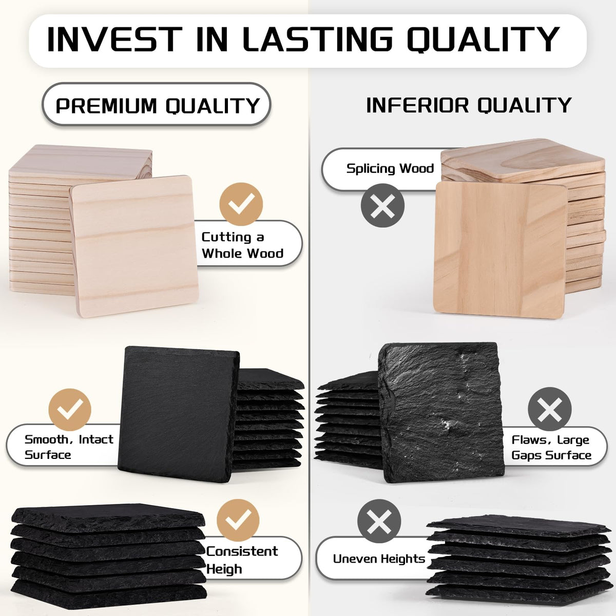 72 PCS Laser Engraving Coasters Blanks, MAPRIAL 4 Inch 36 PCS Black Slate Stone Drink Coaster Bulk, 36 PCS Wood Coasters, Engravable Materials for Engraver, Christmas, Wedding, Party, Crafts, Square