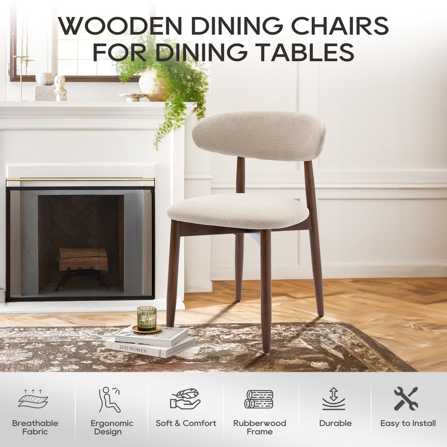 COLAMY Wooden Dining Chairs Set of 6, Modern Fabric Upholstered Dining Room Chair, Farmhouse Kitchen Side Chairs with Foot Pegs, Beige
