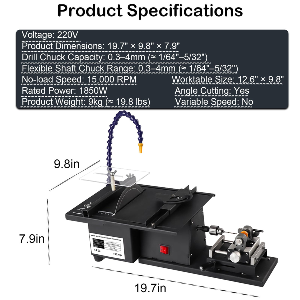 Lapidary Equipment 1850W with 180mm Diamond Blade, Rock Polisher, Jewelry Rock Saw, Rock Cutter for DIY Lapidary Grinding Engraving Polishing Drilling