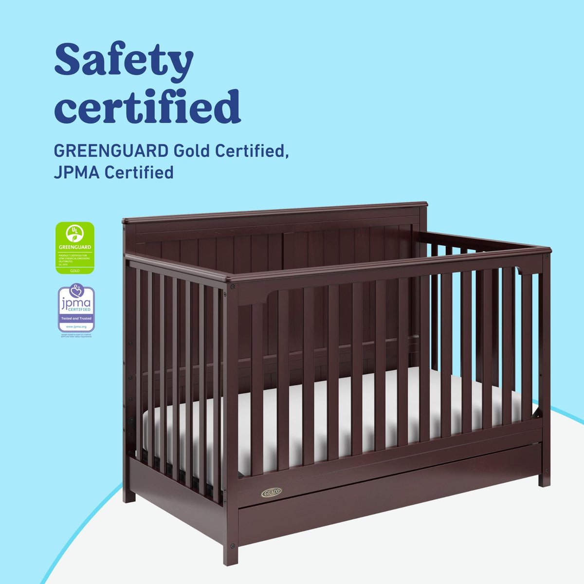 Graco Hadley 5-in-1 Convertible Crib with Drawer – GREENGUARD Gold Certified, Fits Standard Crib Mattress, Converts to Toddler Bed, Daybed and Full Bed, 4 Adjustable Mattress Heights (Espresso)