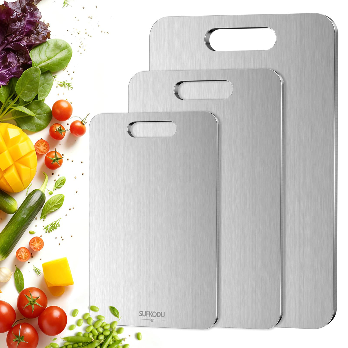 Titanium Cutting Board Set of 3, Titanium Cutting Boards for Kitchen, 100% Double-Sided Titanium Cutting Boards, Separate Raw and Cooked Food Areas, Non-Toxic, Dishwasher Safe (S+ M + L)
