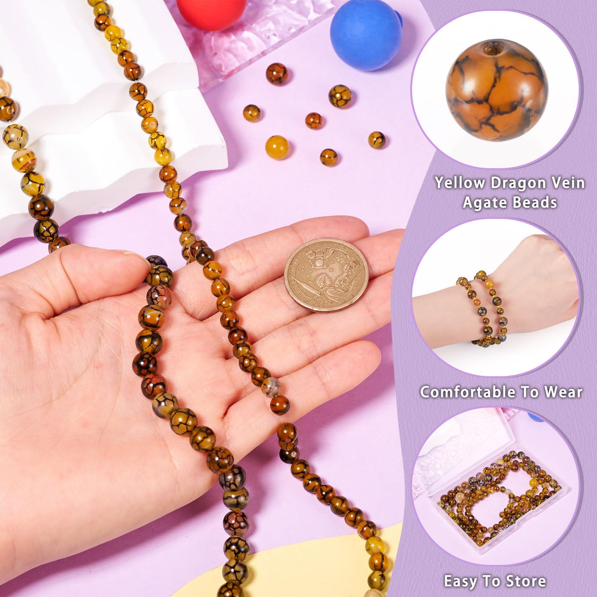 Beadthoven 110pcs Natural Dragon Veins Agate Beads 6mm 8mm Yellow Round Stone Beads Smooth Natural Healing Crystals Gemstone Spacers for DIY Jewelry Making Crafts Friendship Bracelets Necklace