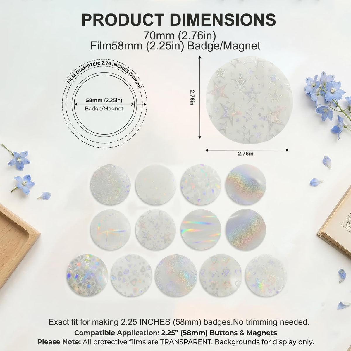 DAWZMR 390 Pcs Holographic Badge Film (13 Styles), Glitter Button Making Supplies for 2.25 Inch 58mm Machine, Round Badge Protective Film (Stars, Hearts, Broken Glass)