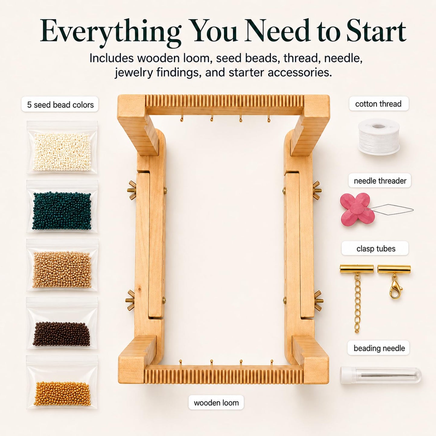 TMEGMIC Adjustable Wood Bead Loom Kit - Professional Wooden Weaving Frame for Jewelry Making - Sturdy Tool for Beginners, Seed Beads, Bracelets & DIY Crafts (Natural Wood-Vintage Green Bracelet)