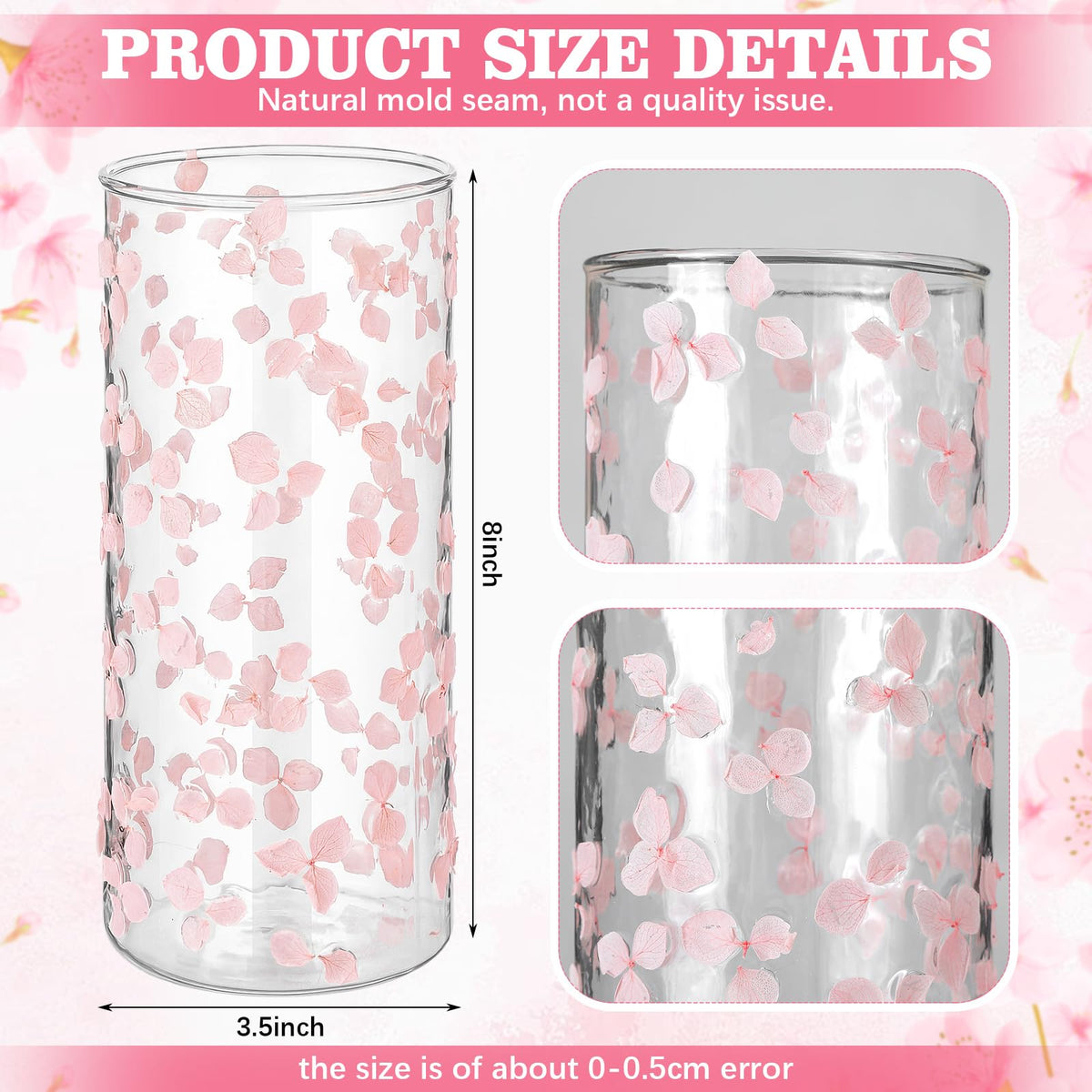 Ferrochef 8 Inch Pressed Flower Vase Clear Pink Glass Pressed Floral Vase Real Flower Art Decorative for Home Kitchen Bedroom Office Living Room Shelf Centerpiece Table Wedding Housewarming Gift