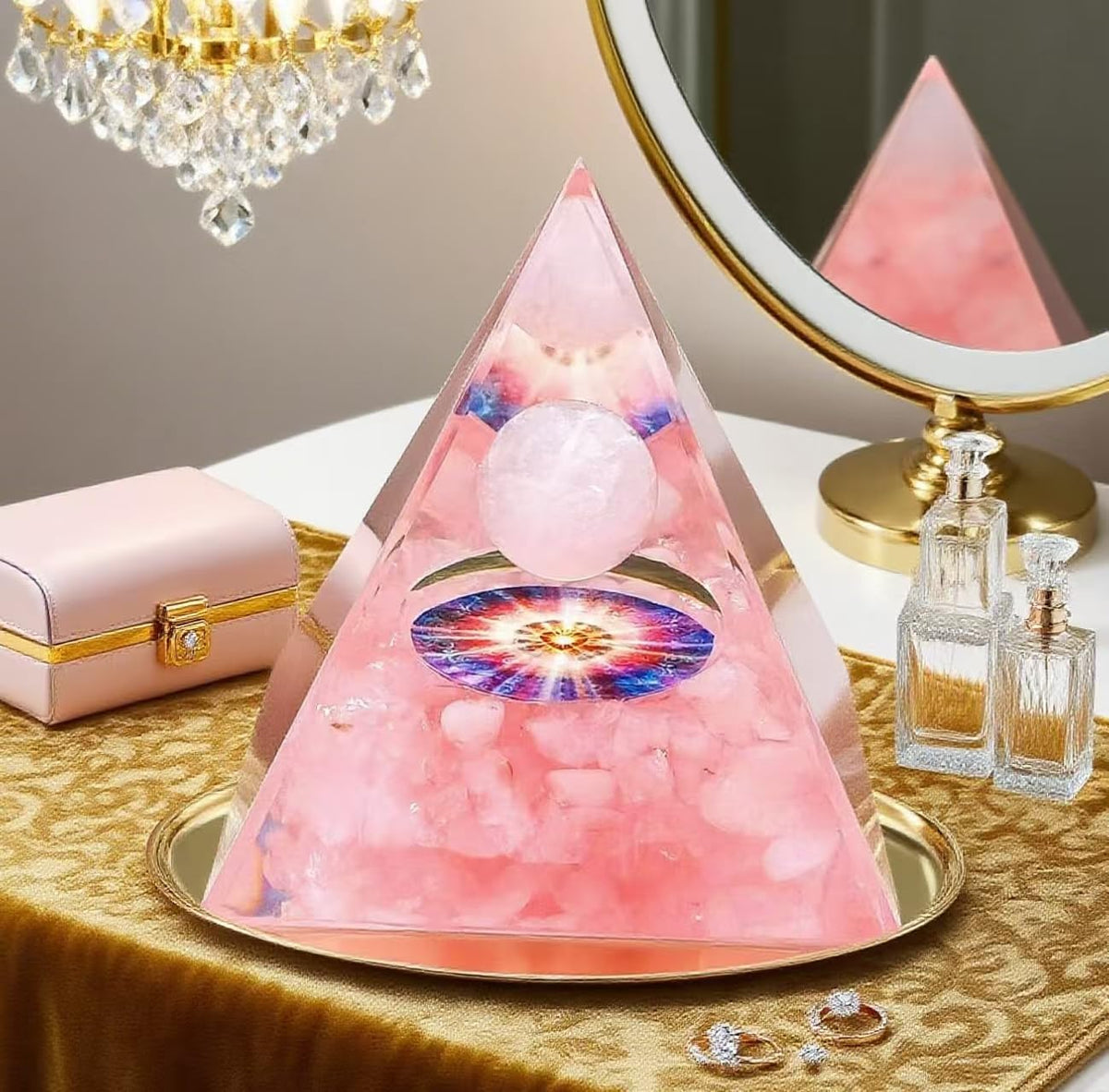 ycyingcheng Moonstone Crystal Orgone Pyramid Ogan Crystal Energy Tower, Nature Reiki Chakra Crushed Stone Jewelry, Crystal Pyramid for Home Decor (Pink Quartz)