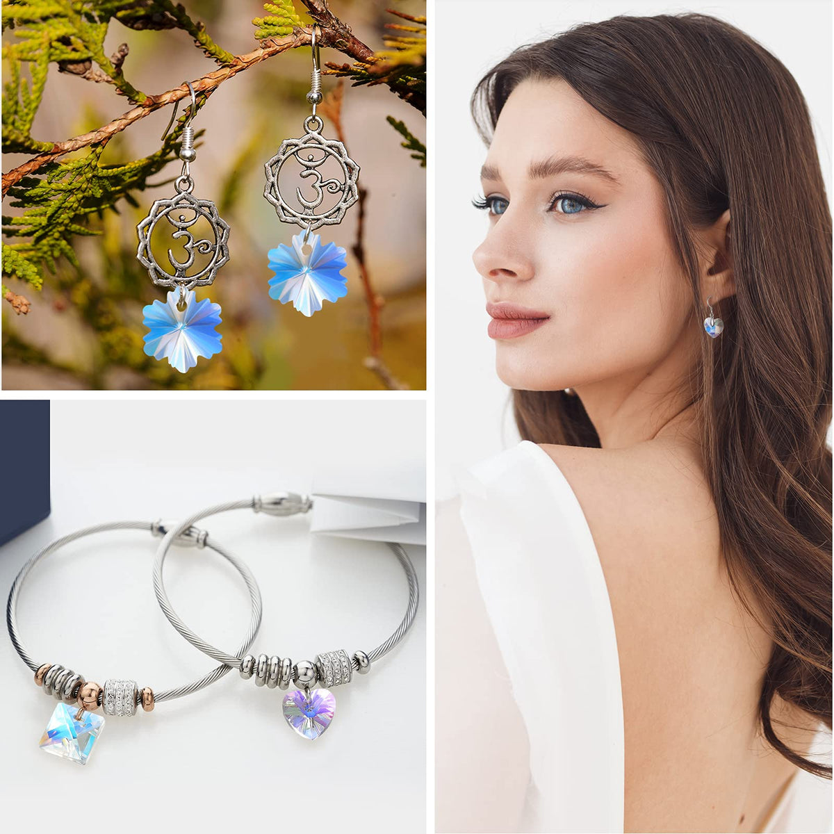 Hicarer 120 Pcs Chakra Natural Stone Beads AB Crystal Charms Butterfly Heart Snowflake Loose Beads Necklace Earrings Crystal Charm Crystal Pendants for DIY Jewelry (Multiple Shape)