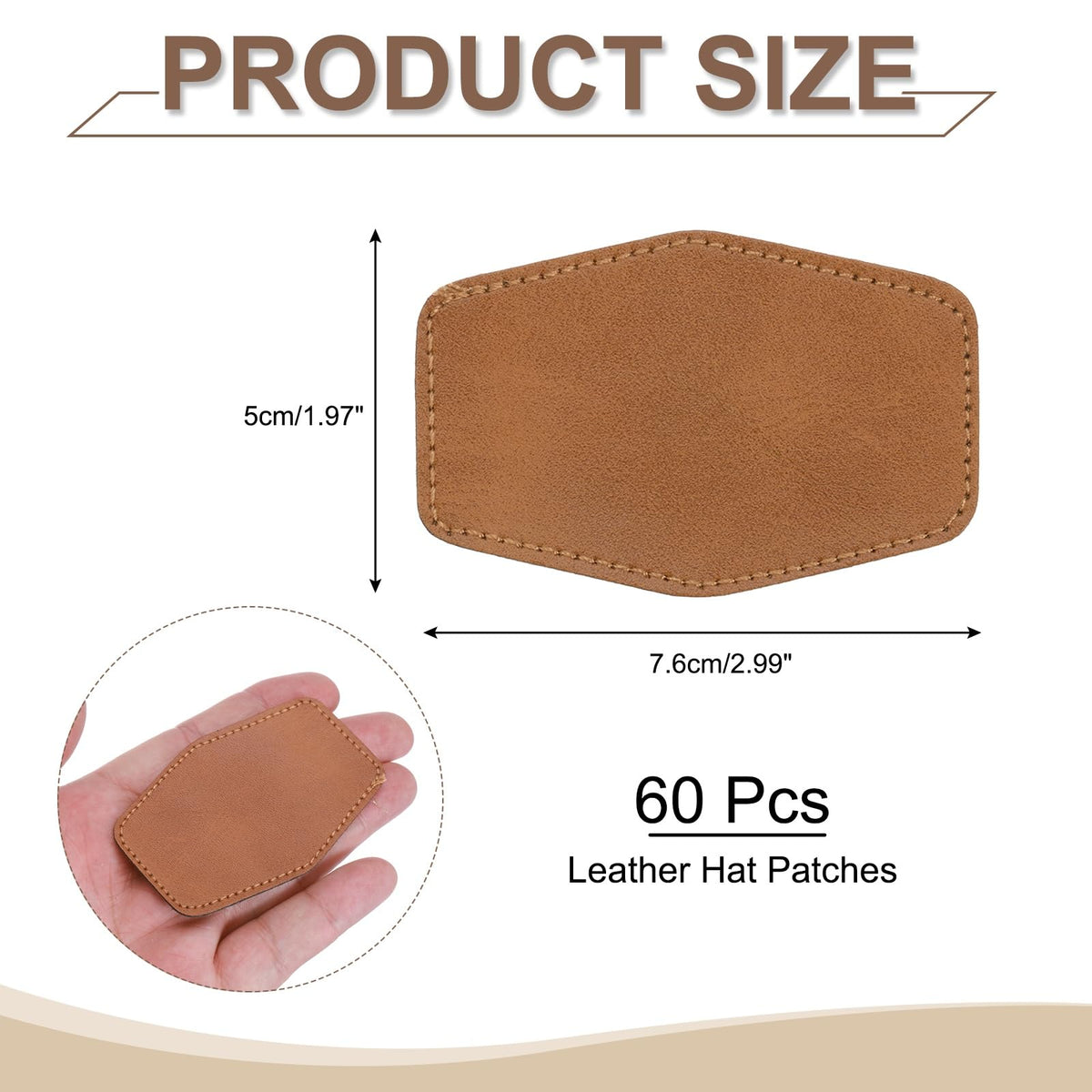 MECCANIXITY 60 Pcs Blank Leather Hat Patches, Laser Engraving Iron-on Hexagon Laserable Rustic Leatherette Patch for Hats Cap, Brown 2.99x1.97Inch
