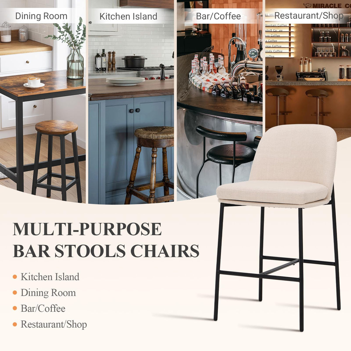 COLAMY Counter Height Bar Stools Set of 6, 25 Inch Modern Fabric Kitchen Island Stools with Back, Upholstered Counter Barstools Armless Bar Chairs with Metal Legs for Island Dining Room Bar,Beige