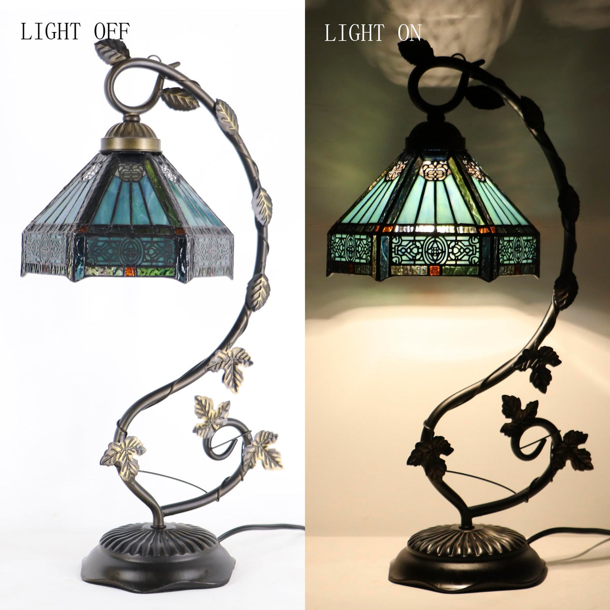 LXHCYOU Tiffany Table Lamp, Stained Glass Desk Light, 8X10X21 Inches, Metal Leaf Base (Sapphire Style)