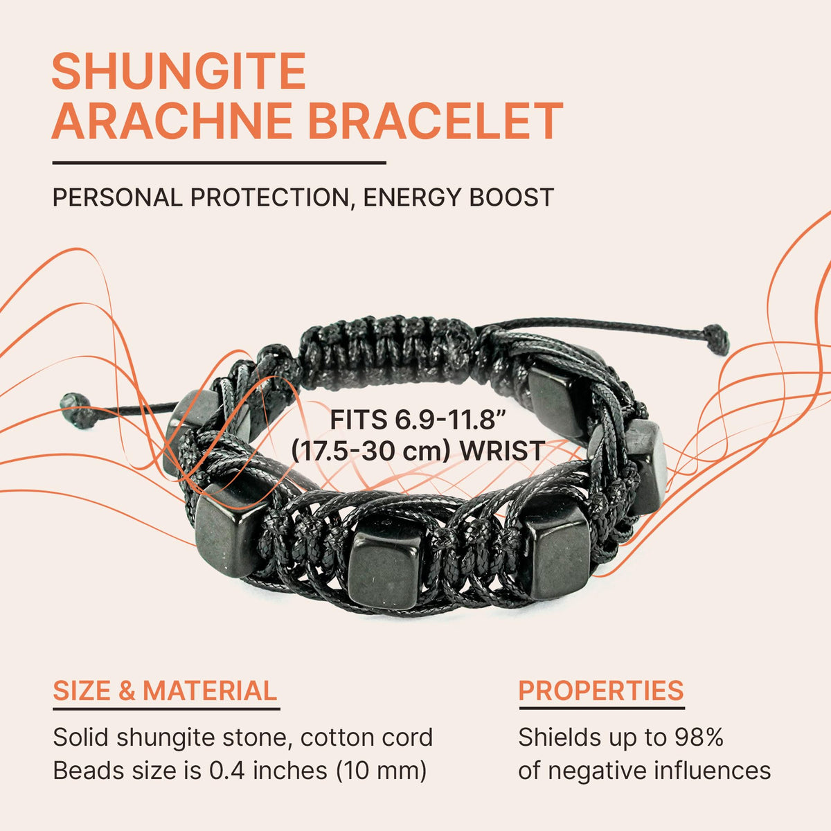 Brutal Handcrafted Shungite Stone Men's Bracelet Arachne 10 mm Cube Beads | Shungite Protection Jewelry for Men and Women | Adjustable Solid Stone Shambhala Macrame Black Mens Beaded Bracelet SB104