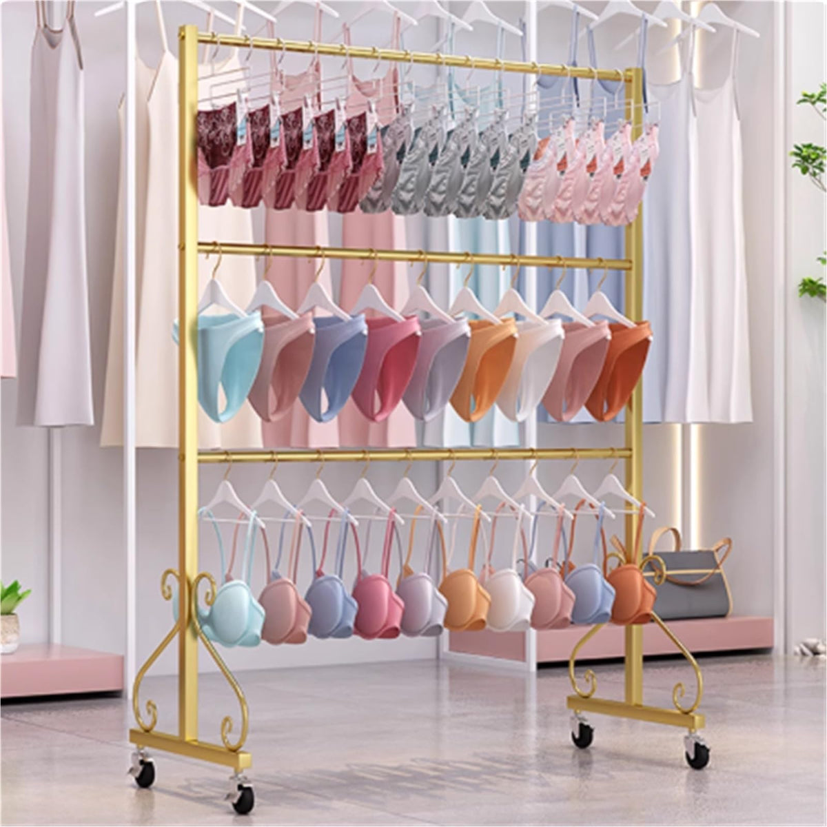 Lingerie Bra Rack with Wheels, Metal, 3 Tier Underwear Display Stand, Anti-Slip, Retail Showshelves, Commercial Clothing Store Shelf, for Shorts, Hats, Sock(Silver,150 * 40 * 130cm)