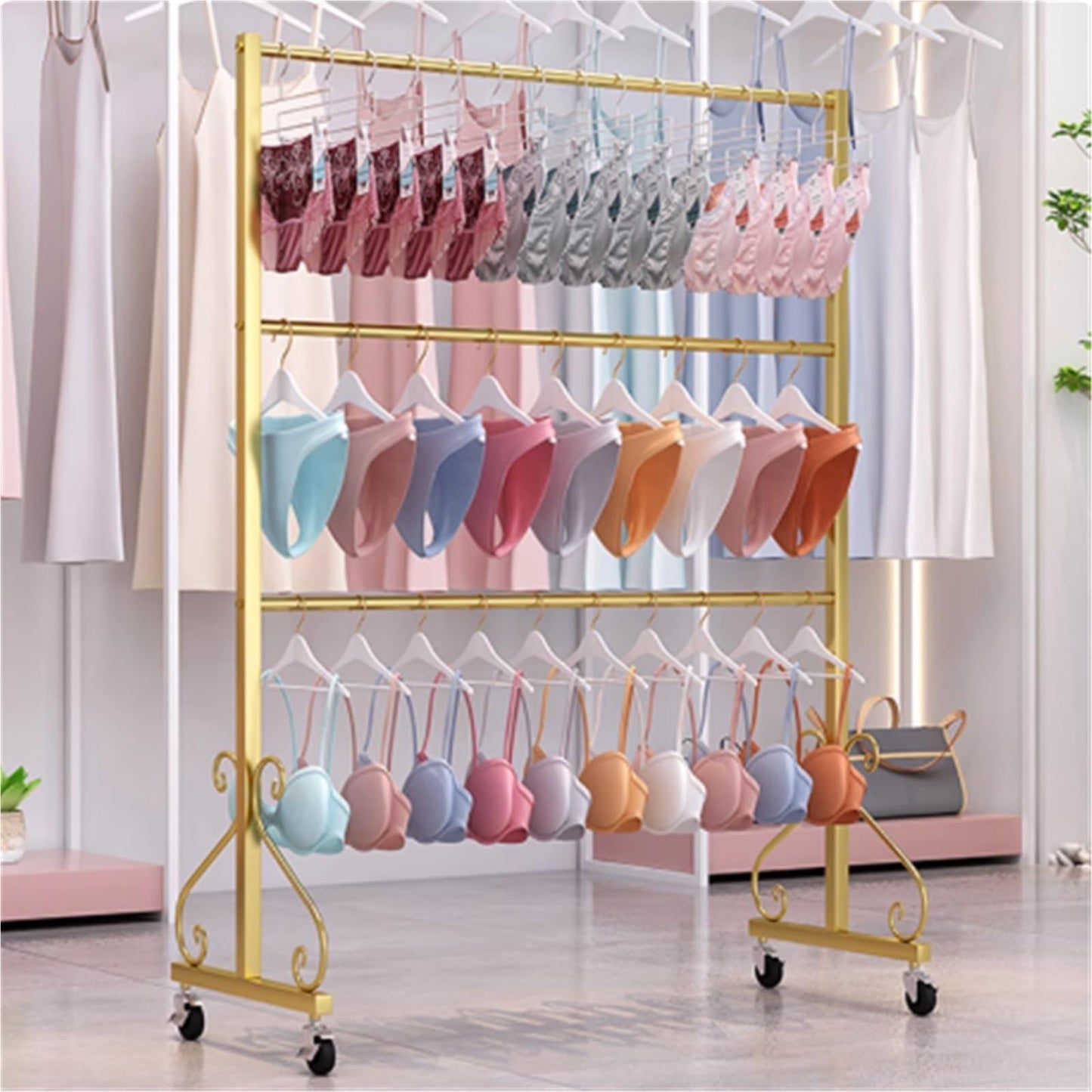 Lingerie Bra Rack Swimsuit Organizer Hanger, Anti-Slip, Underwear Display Stand with Wheels, Commercial Clothing Store Shelf, for Shorts,Hats, Sock, 3 Tier(White,80 * 40 * 130cm)