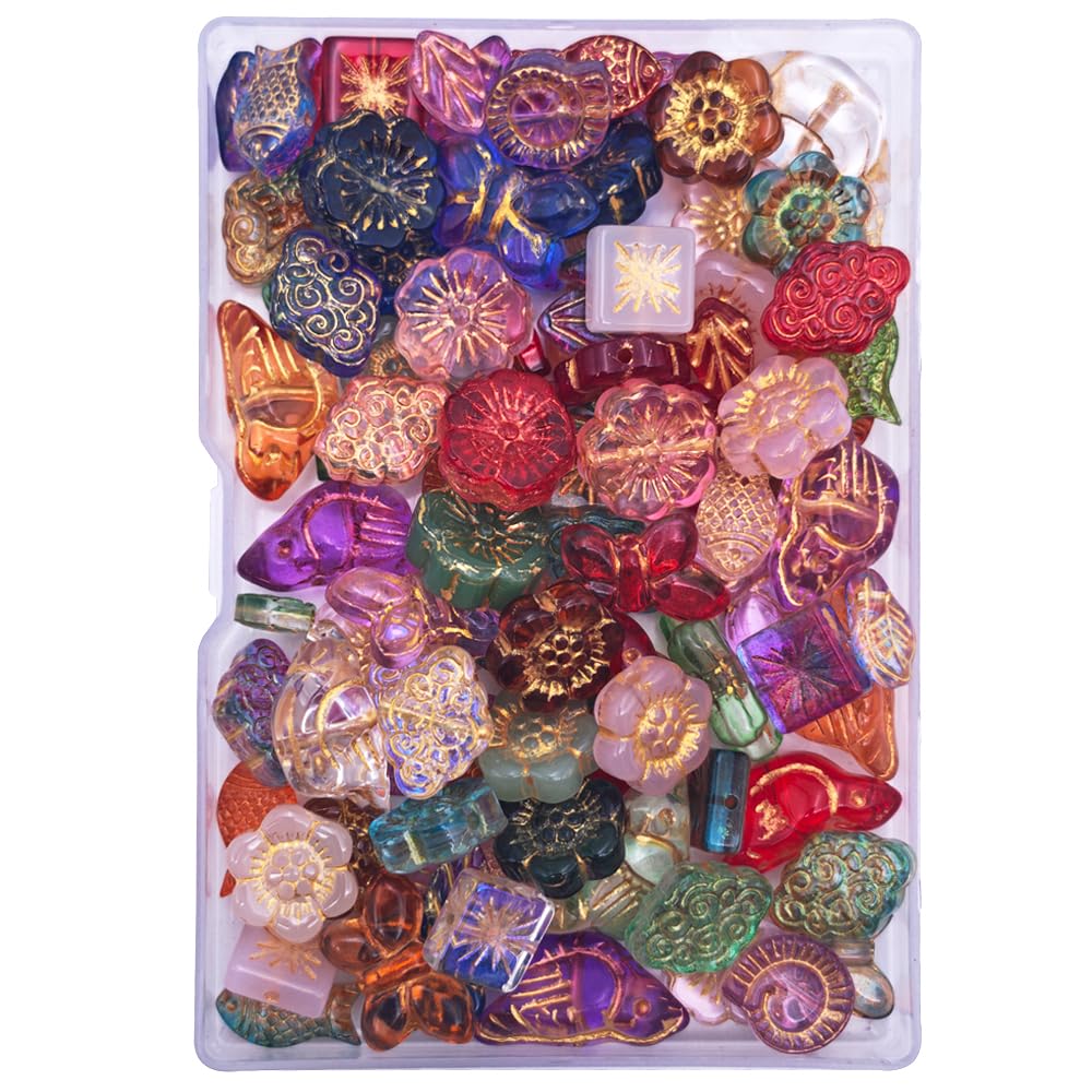 INSPIRELLE 100pcs Crystal Glass Beads Gold Tracing for Jewelry Bracelet Necklace Making Multi Shapes