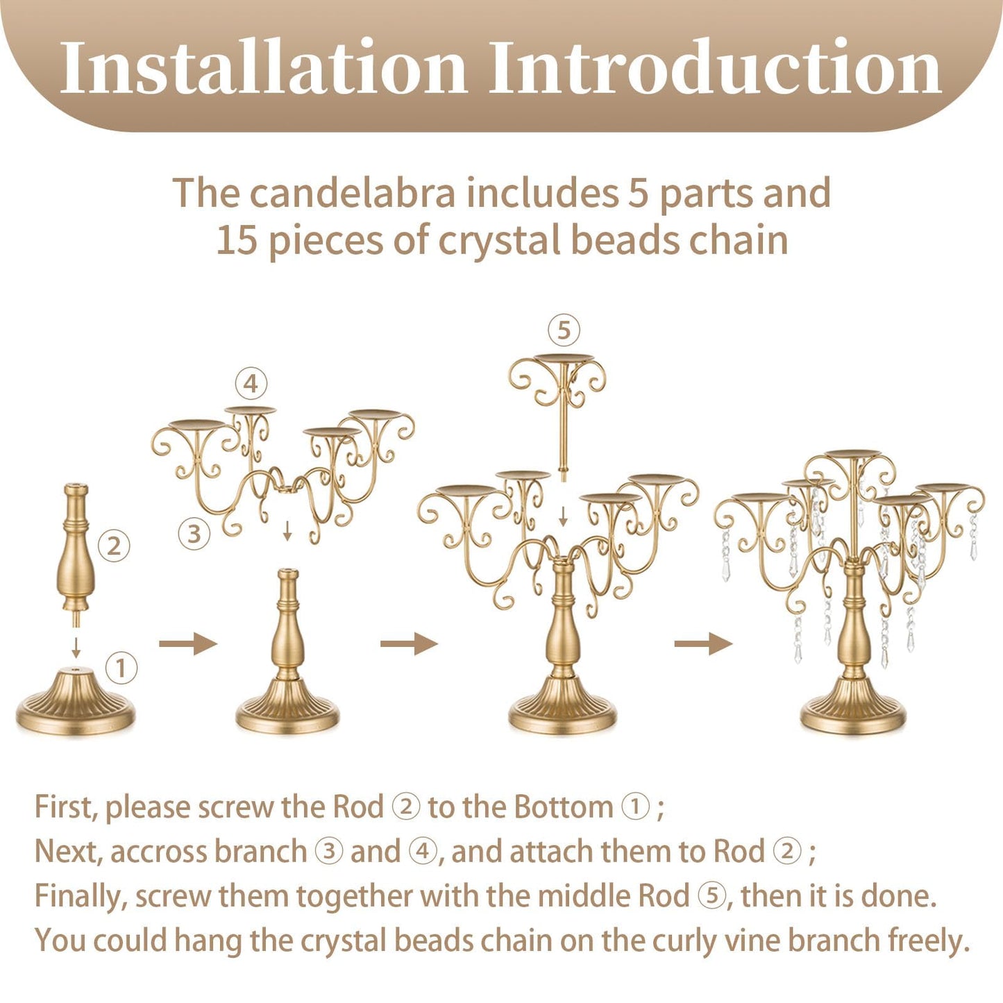 Sziqiqi Gold Candelabra Candle Holder - 5 Arm Pillar Candle Holders with Crystal Beads for Christmas Table Centerpiece Halloween Wedding Candleholders Decoration Set of 2