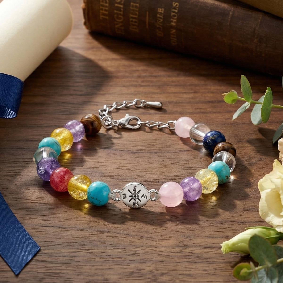 2026 Graduation Bracelet Gift Set for Her Him, 7 Chakra Bracelet & Matte Natural Stone Beaded Bracelet with Compass, Graduation Keychain, Inspirational Card & Gift Box for Middle High School Colle (Vibrant Chakra)