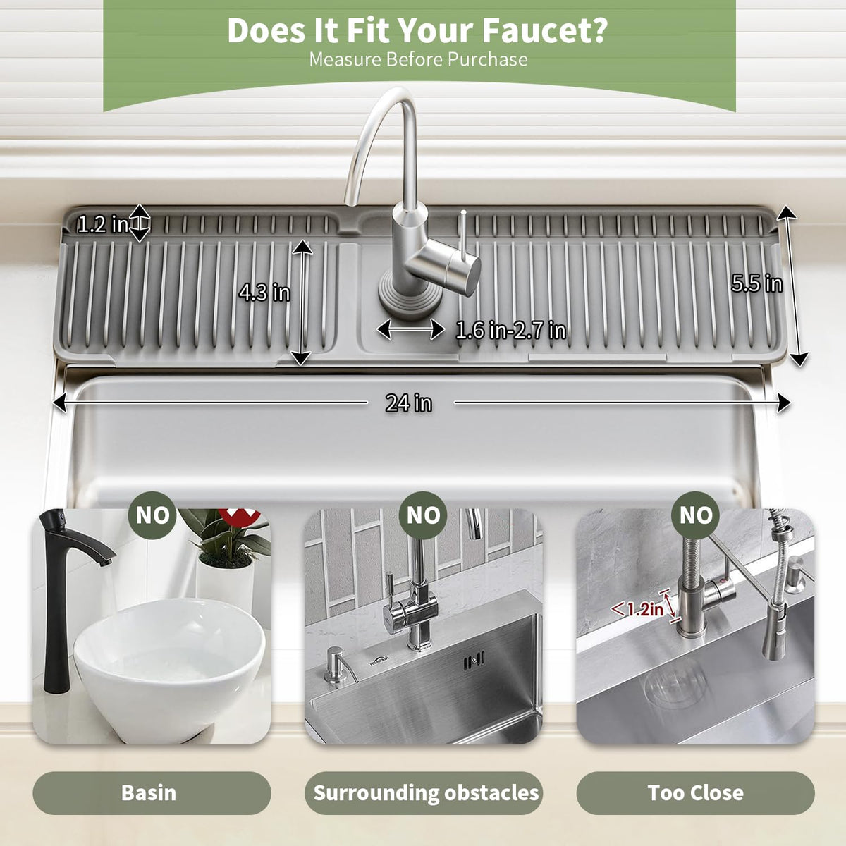 SOCORIA Faucet Mat for Kitchen Sink, 24 Inch Longer Silicone Sink Splash Guard, 7°Slope Fast Self-draining, Fast Drying Tidy Faucet Mat Splash Guard