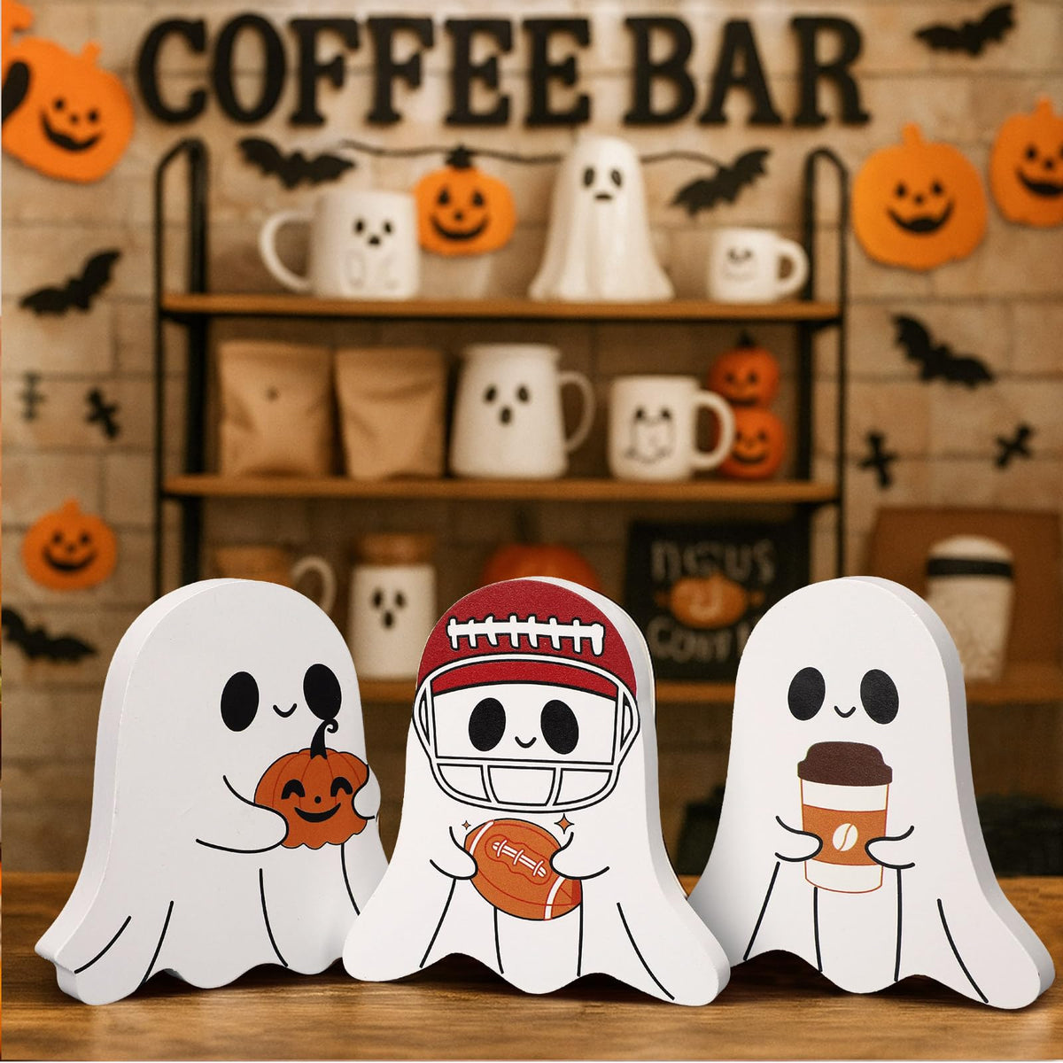 Geelin 3 Pcs Halloween Coffee Bar Ghost Decor Cute Halloween Kitchen Decorations Coffee Bar Wooden Tiered Tray Table Sign Football Pumpkin Tabletop Centerpiece for Home Office Freshly Shelf Display
