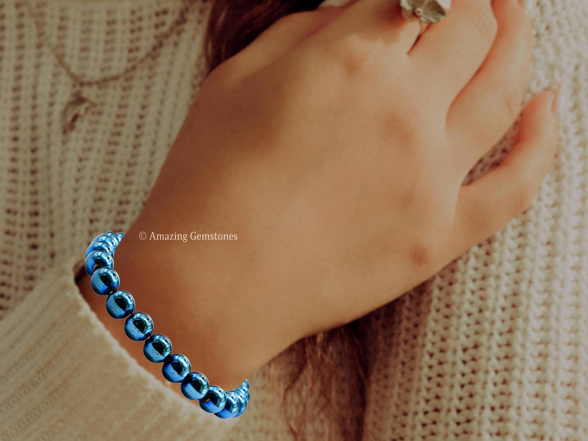 Amazing Gemstone Crystal Bracelet for Women Men's Gifts - Protection Healing Crystal Bracelet - 8mm Gemstone Beaded Stretchable Bracelet Pulseras Para Hombres Mujer Stocking Stuffers Mothers Day Gift (Blue Hematite)
