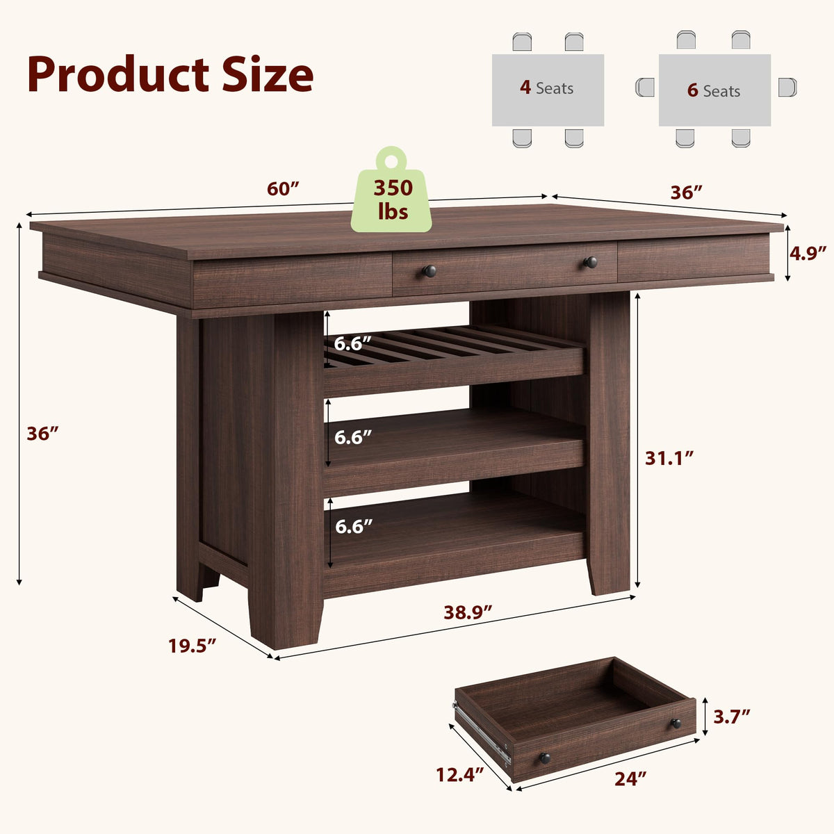 Garvee Counter Height Dining Table with 2 Drawers, 36" Farmhouse Wooden Large Bar Kitchen Table with Wine Rack & 3 Shelves, Rectangular, Thick Frame for Kitchen, Bar & Entertaining, Retro Brown