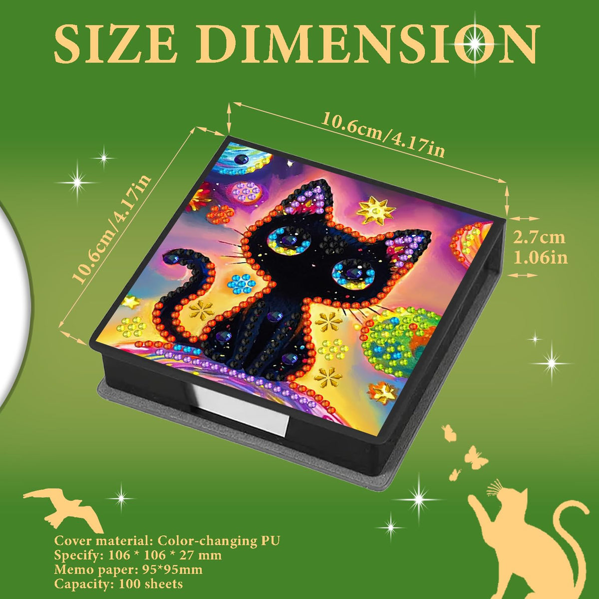 DOTZSO Diamond Art Kits for Adults Sticky Note Holder, Diamond Painting Notes Box Diamond Dots Decoration Gem Arts and Diamond Office Desk Supplies Contains 160 Sheets of Paper Black Cat