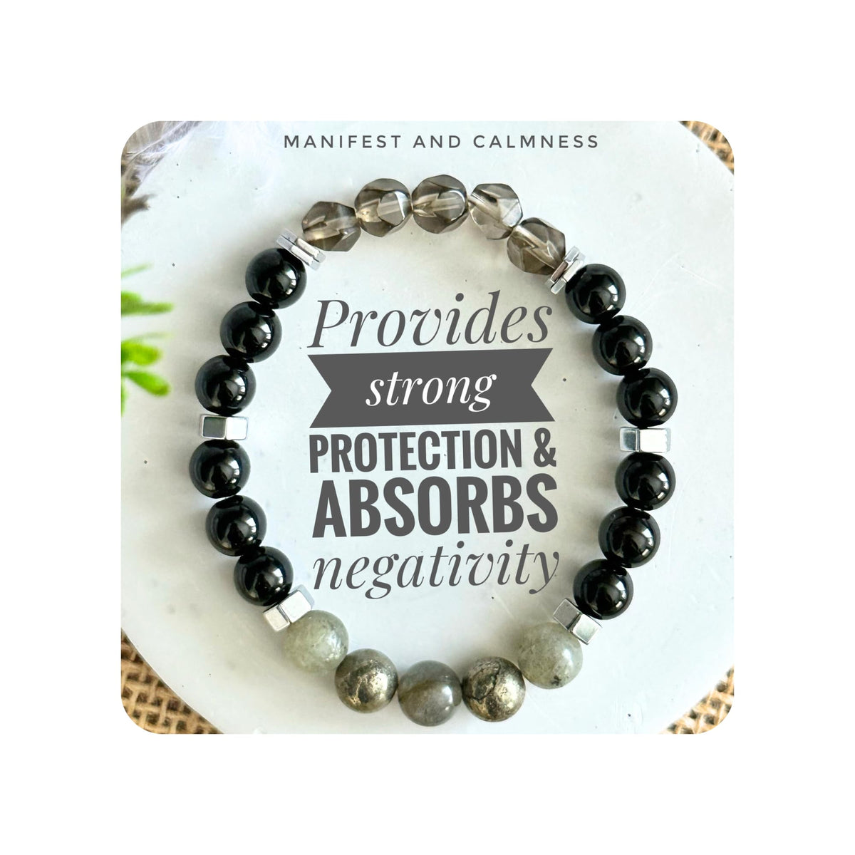 TUQBA Manifestation and Protection Beaded Crystal Bracelet for Men and Women Natural Stone Jewelry with Onyx, Smoky Quartz, Pyrite, Labradorite Mothers Days Gift, Christmas, Baptism, Birthday