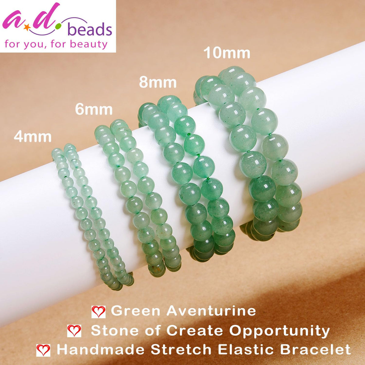 AD Beads Handmade Gemstone Stretch Elastic Bracelet Crystal Healing Reiki Nature's Beauty and Spiritual Essence Unisex (10mm, Green Aventurine (Opportunity))