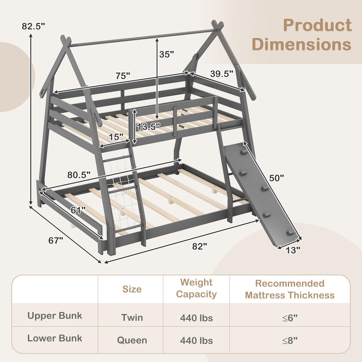 KOTEK Twin Over Queen Bunk Bed, House Bunk Beds with Climbing Nets and Ramp, No Box Spring Needed, Solid Wood Low Bunk Bed Frame for Kids Boys Girls (Grey)