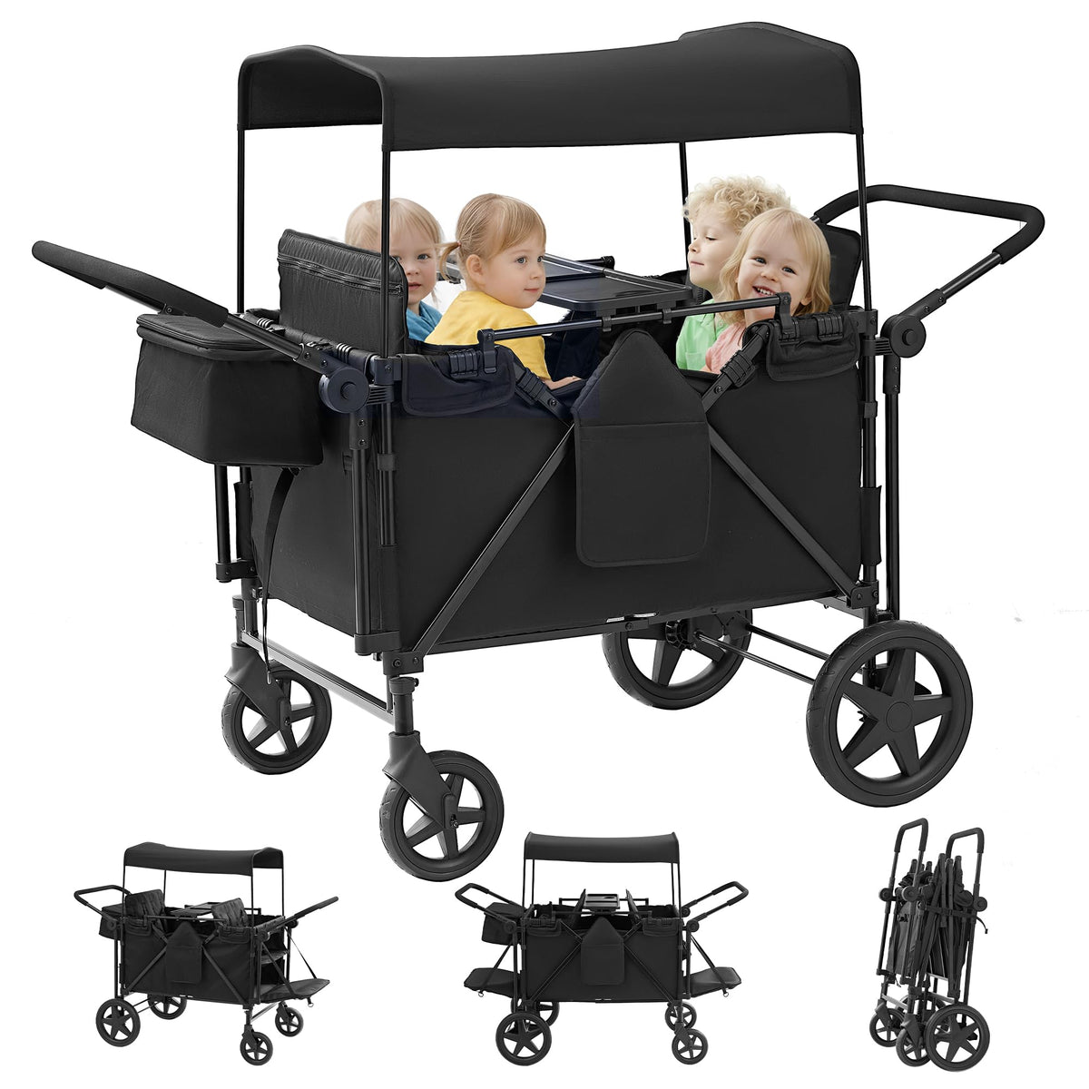 Stroller Wagon for 4 Kids, 4 Seater Wagon Stroller with Convertible Seats Footrests, Snack Tray, Storage Bag, Removable Canopy, Wagon Stroller 4 Seater with Double Push Handle (Black-Convertible)