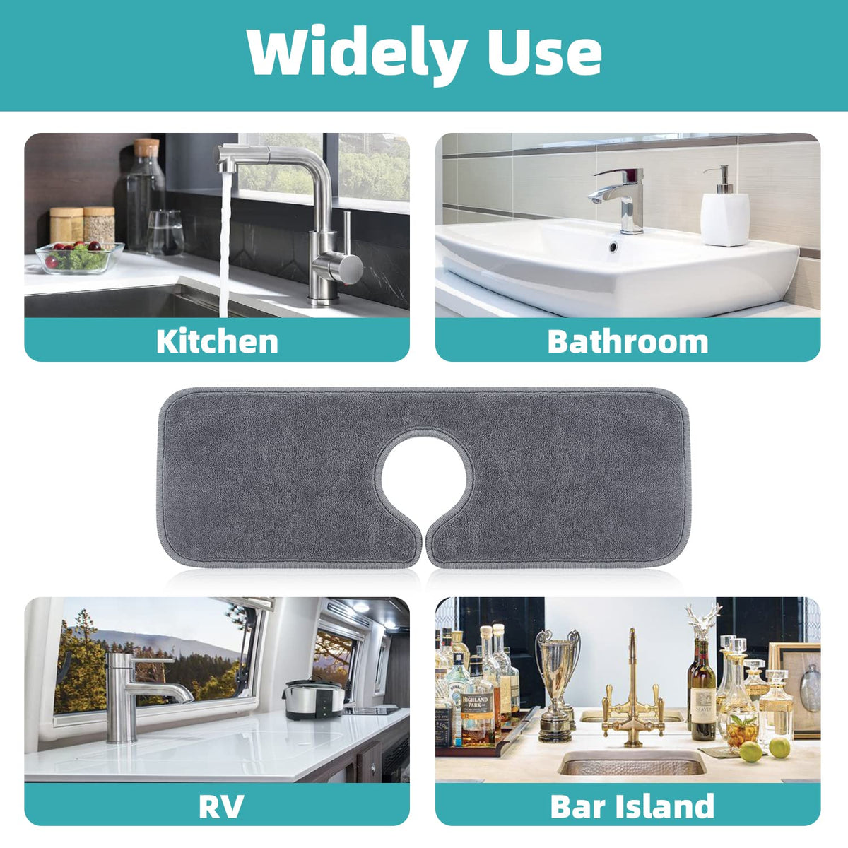 PoYang 4 Pack Faucet Mat for Kitchen Sink Splash Guard Short: Super Absorbent Microfiber Sink Water Splash Guard Behind Kitchen Faucet Mat for Bathroom, RV Protector, Machine Washable 17.7'' x 4.7''