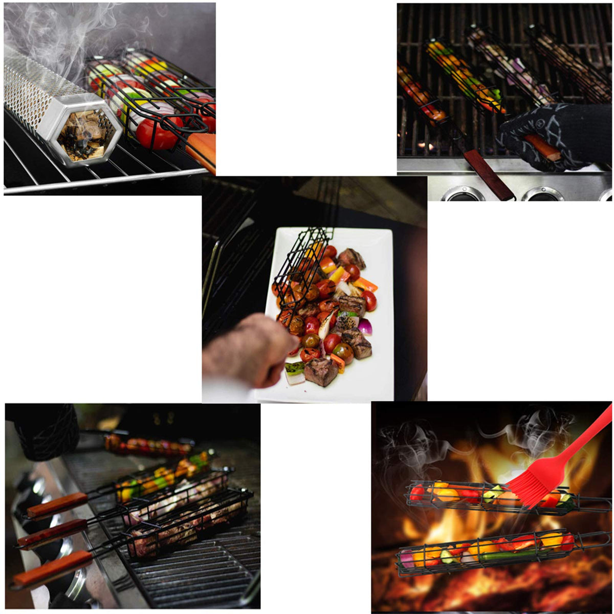 Kabob Grilling Baskets, BBQ Grill Accessories Set of 4 with 12" Stainless Steel Hot/Cold Smoker Tube, BBQ Smoker Rotisserie Basket for Grilling Vegetables