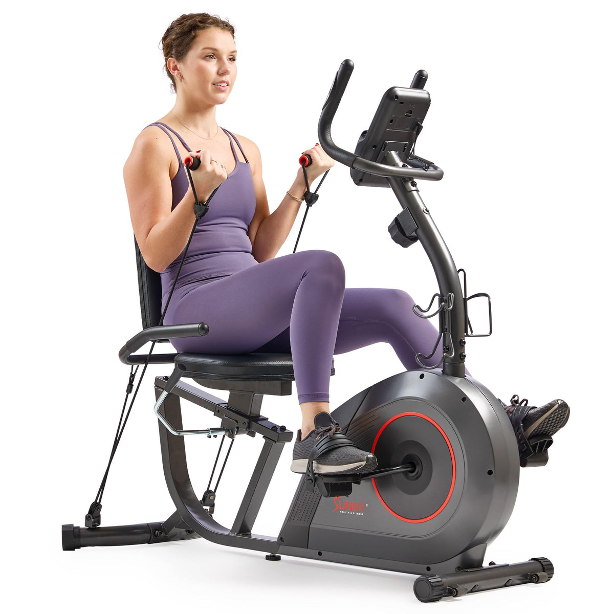 Sunny Health & Fitness Smart Recumbent Bike w/Workout Bands, 300LB Capacity Compact Equipment for Indoor Full-Body Exercise, Adjustable Cushion Seat for Seniors Home Cardio Training, Free SunnyFit App