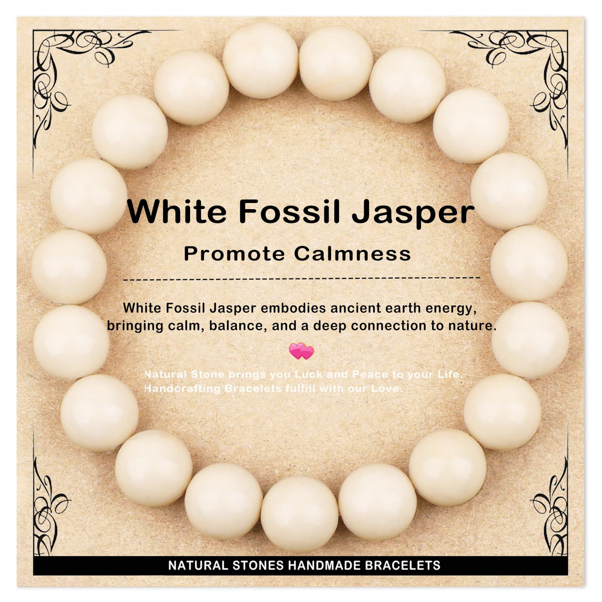 AD Beads 10mm Handmade White Fossil Jasper Elastic Bracelet – Natural Gemstone for Promote calmness – Meditation, Yoga, Healing and Energy Gift for Men Women