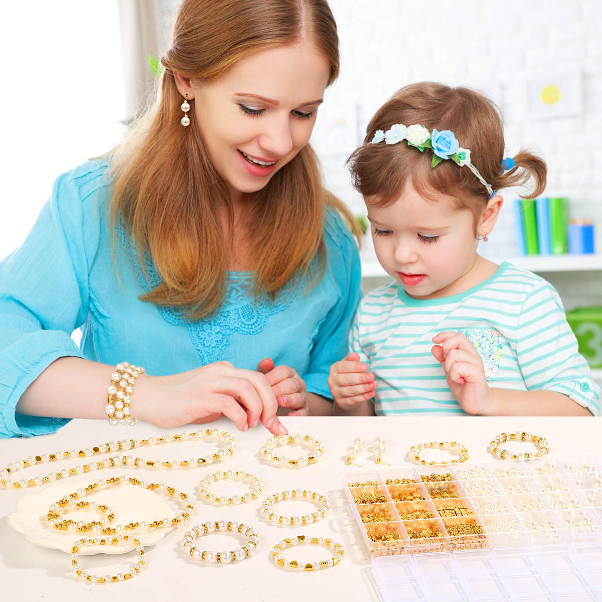 1352 Piece Gold Spacer and Pearl Beads for Bracelets, Assorted Gold and Pearl Beads for Jewelry Making