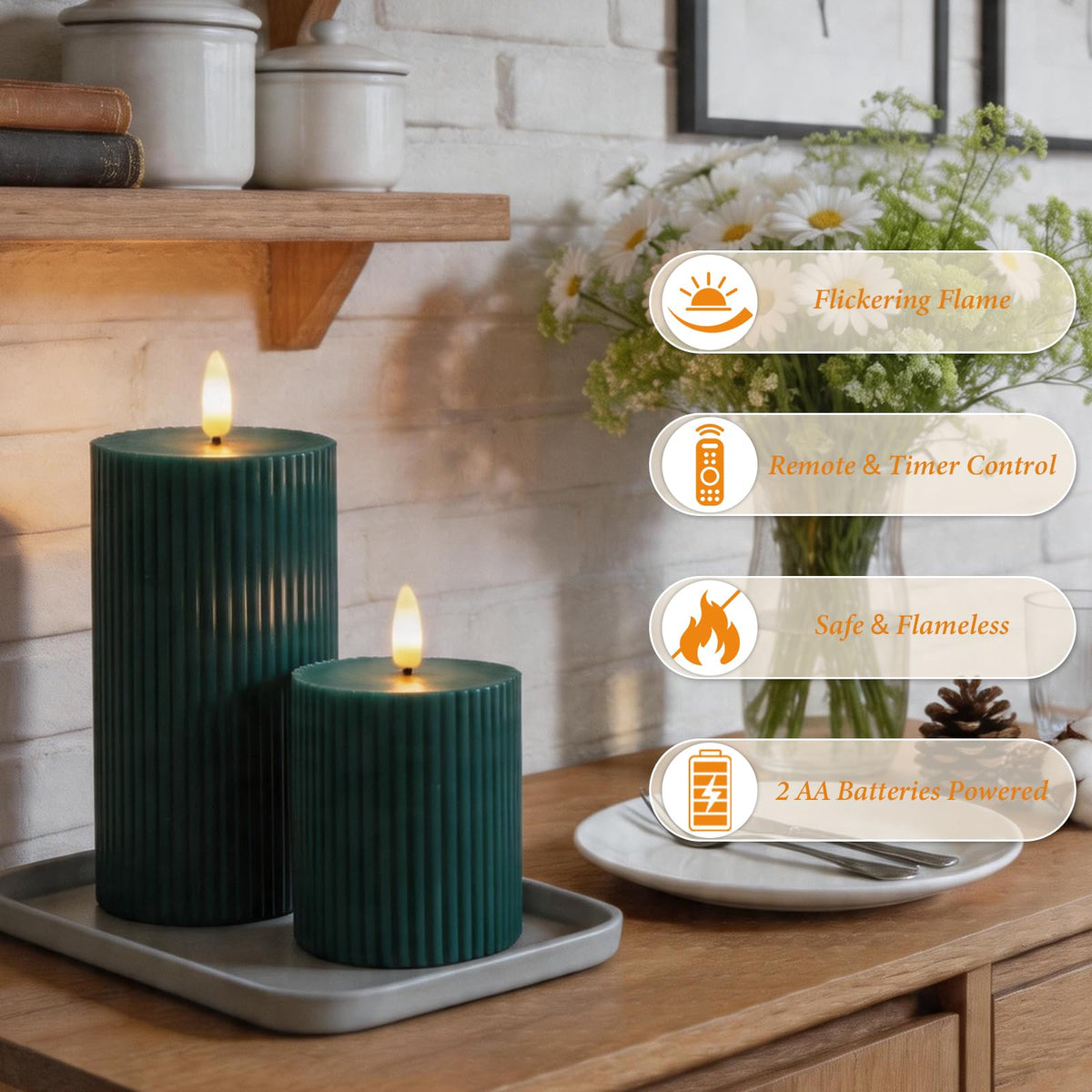 KiimLaa Christmas Green Ribbed Flameless Pillar Candles with Remote, Real Wax Flickering LED Candles Battery Operated with Timer, Set of 3 LED Candles for Wedding, Party, Dinner, Home Decor