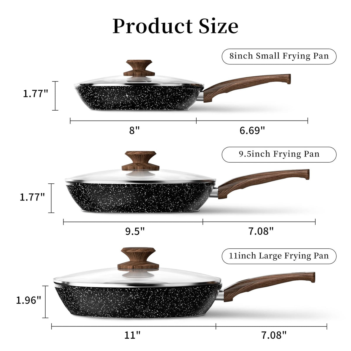 Frying Pan Set - 3 Pcs Nonstick Skillets With Lids, PFOA Free, Induction Compatible, Black