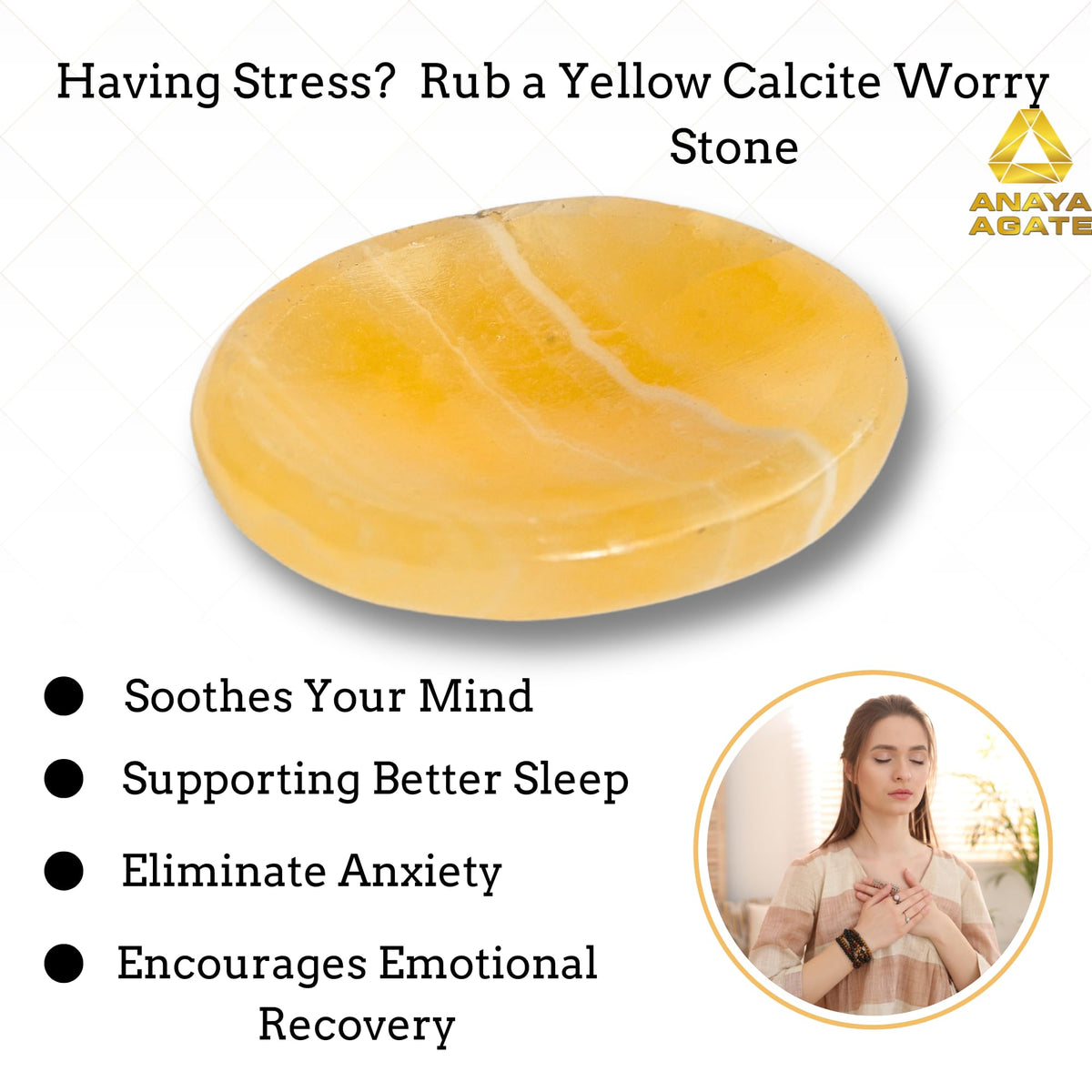 Anaya Agate Yellow Calcite Worry Stones Certified Crystal Thumb Worry Stone for Anguish, Relaxing and Soothing Balance Stones for Meditation, Stress Relief Crystals and Healing Stones for Men, Women